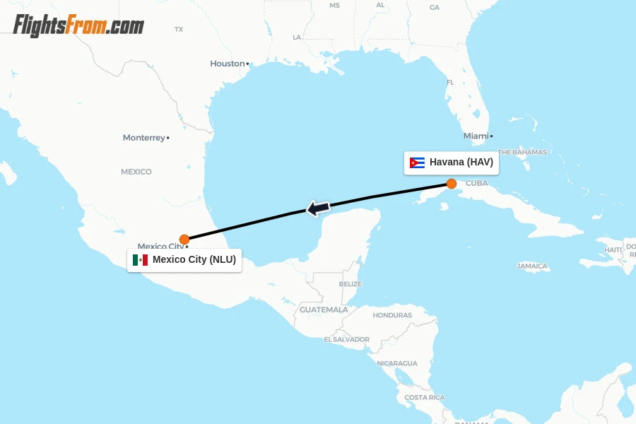 Flights from Havana to Mexico City route map