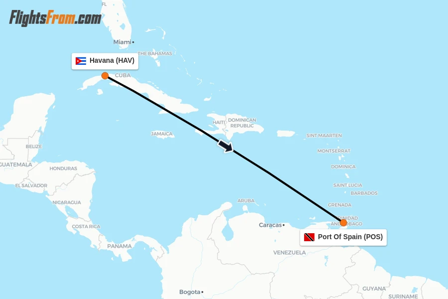 Flights from Havana to Port Of Spain route map