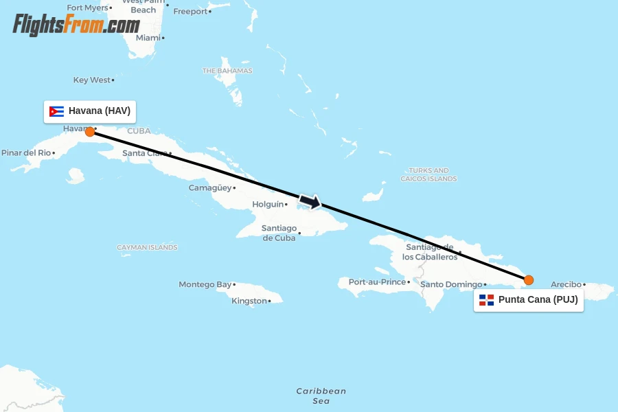 Flights from Havana to Punta Cana route map