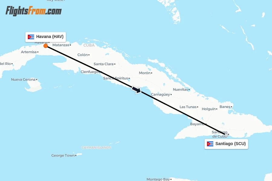 Flights from Havana to Santiago route map