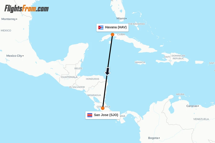 Flights from Havana to San Jose route map