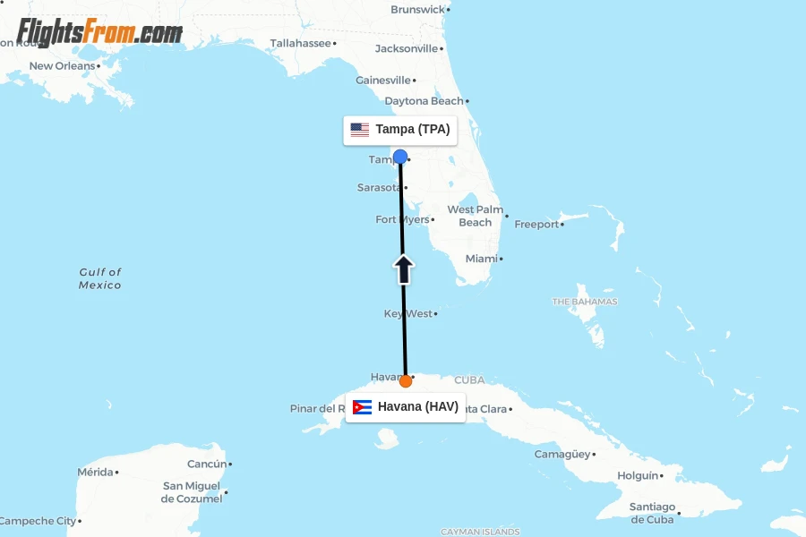 Flights from Havana to Tampa route map