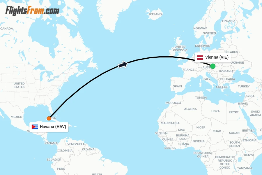 Flights from Havana to Vienna route map