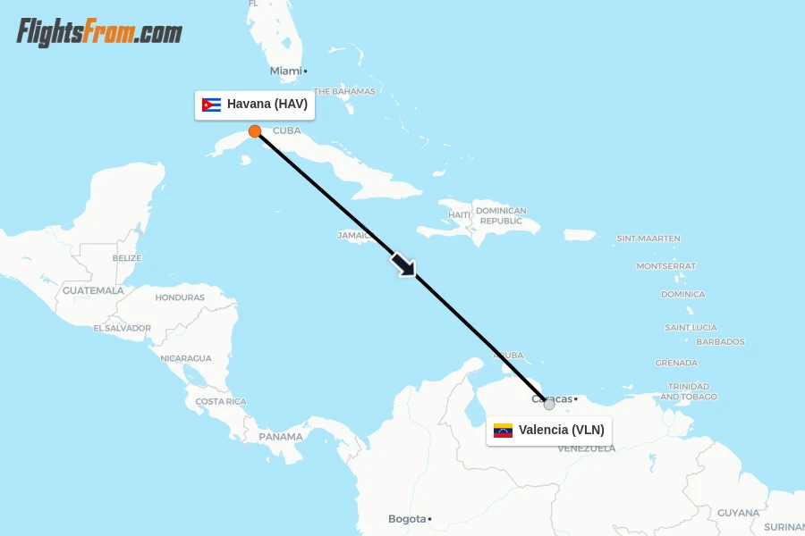 Flights from Havana to Valencia route map