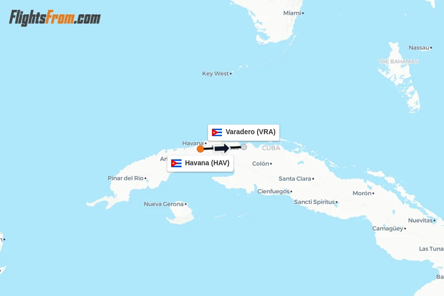 Flights from Havana to Varadero route map