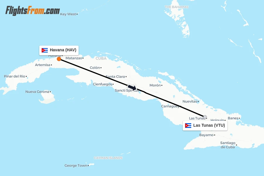 Flights from Havana to Las Tunas route map