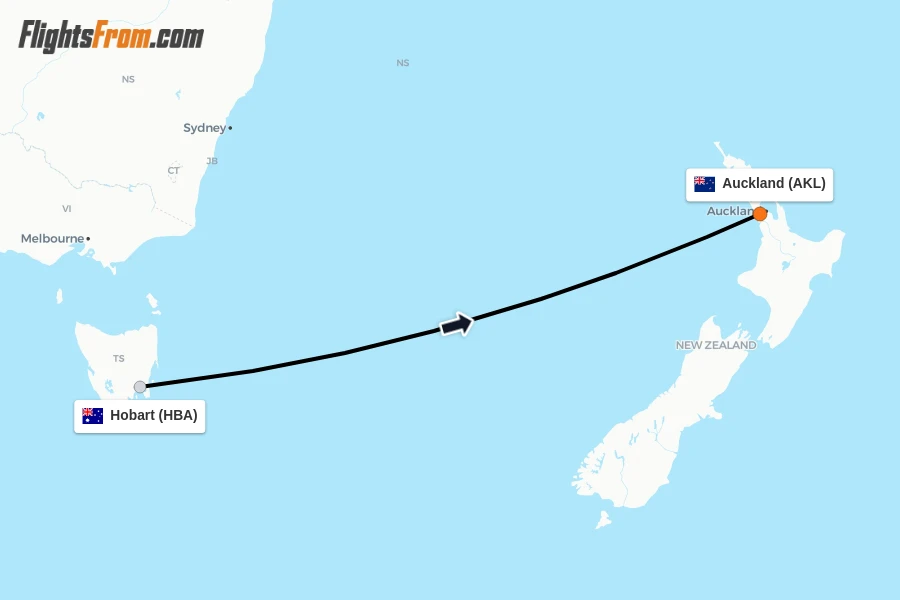 Flights from Hobart to Auckland route map