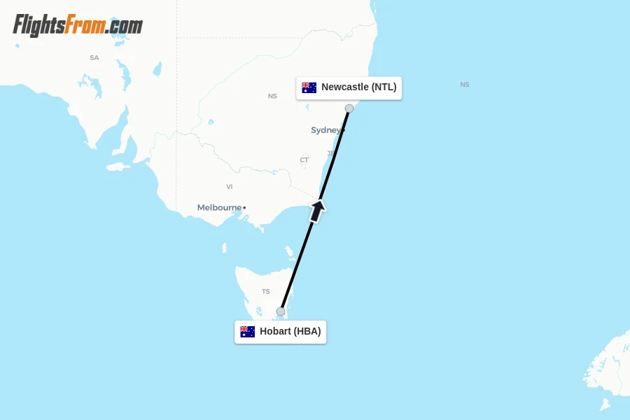 Flights from Hobart to Newcastle route map