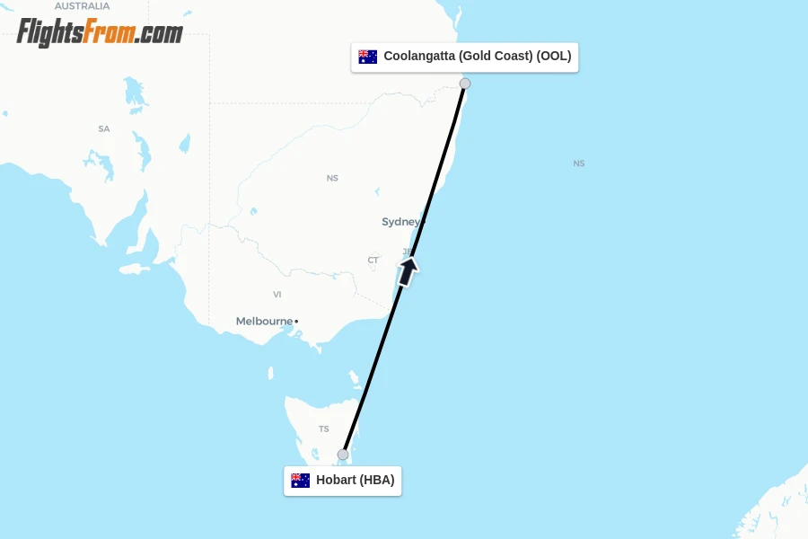 Flights from Hobart to Coolangatta (Gold Coast) route map