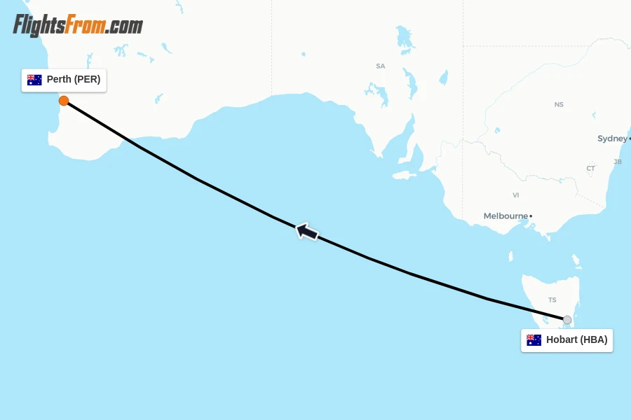 Flights from Hobart to Perth route map
