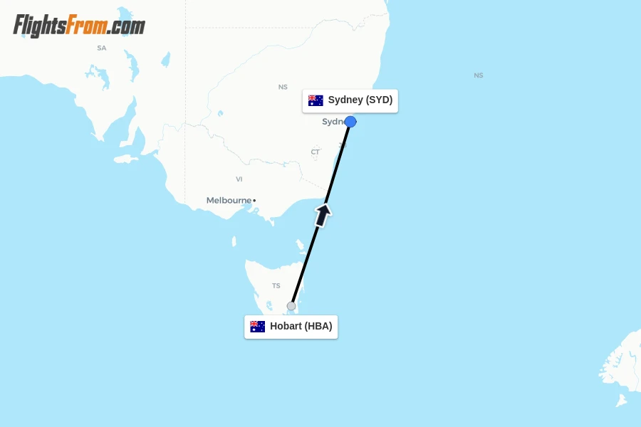 Flights from Hobart to Sydney route map