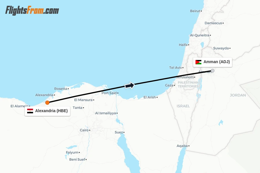 Flights from Alexandria to Amman route map