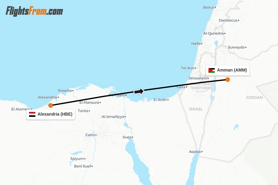 Flights from Alexandria to Amman route map