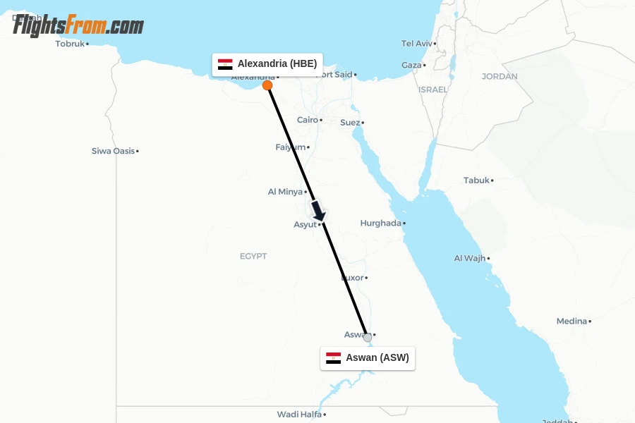 Flights from Alexandria to Aswan route map