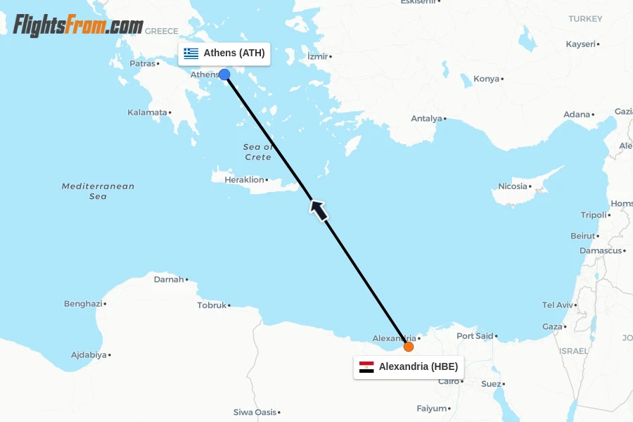 Flights from Alexandria to Athens route map