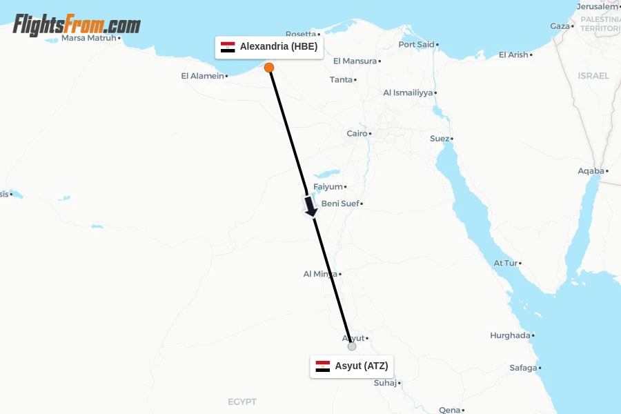 Flights from Alexandria to Asyut route map