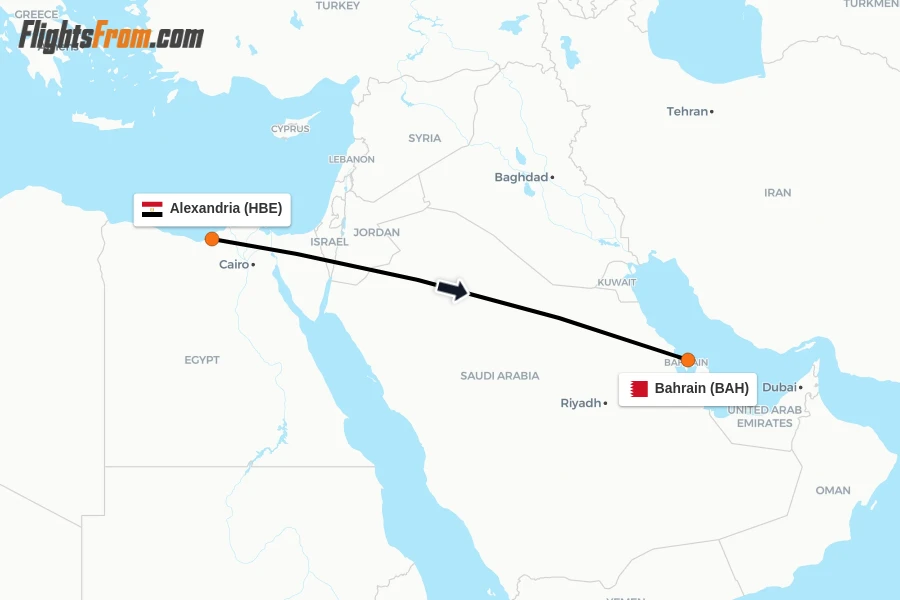 Flights from Alexandria to Bahrain route map