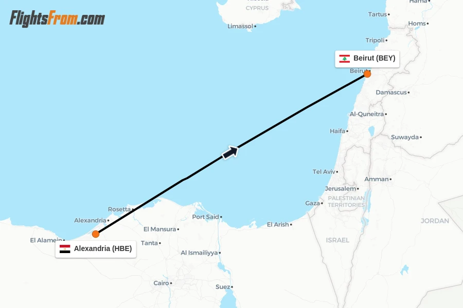 Flights from Alexandria to Beirut route map