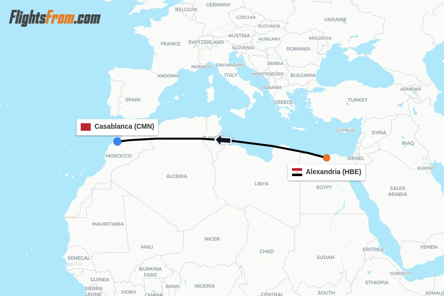 Flights from Alexandria to Casablanca route map