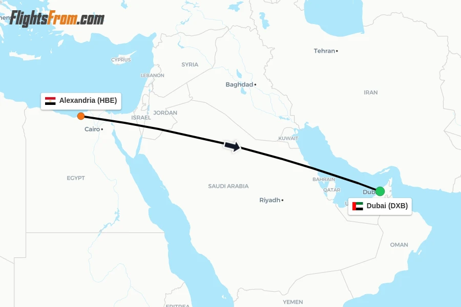 Flights from Alexandria to Dubai route map