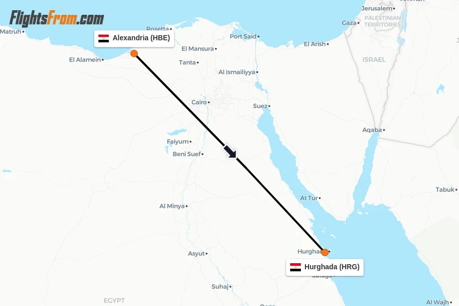 Flights from Alexandria to Hurghada route map