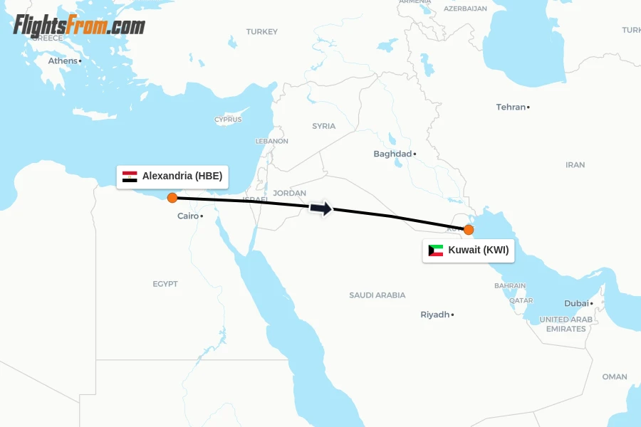 Flights from Alexandria to Kuwait route map