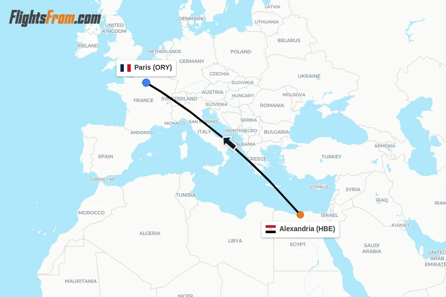 Flights from Alexandria to Paris route map