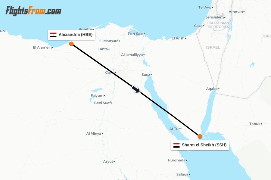 Flights from Alexandria to Sharm el Sheikh route map