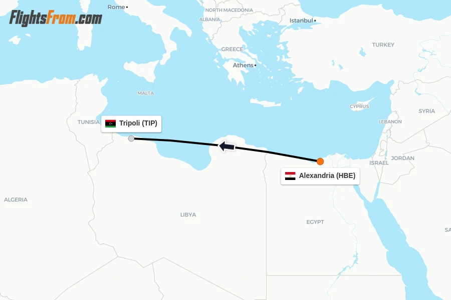 Flights from Alexandria to Tripoli route map
