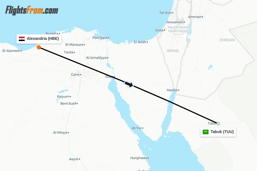 Flights from Alexandria to Tabuk route map