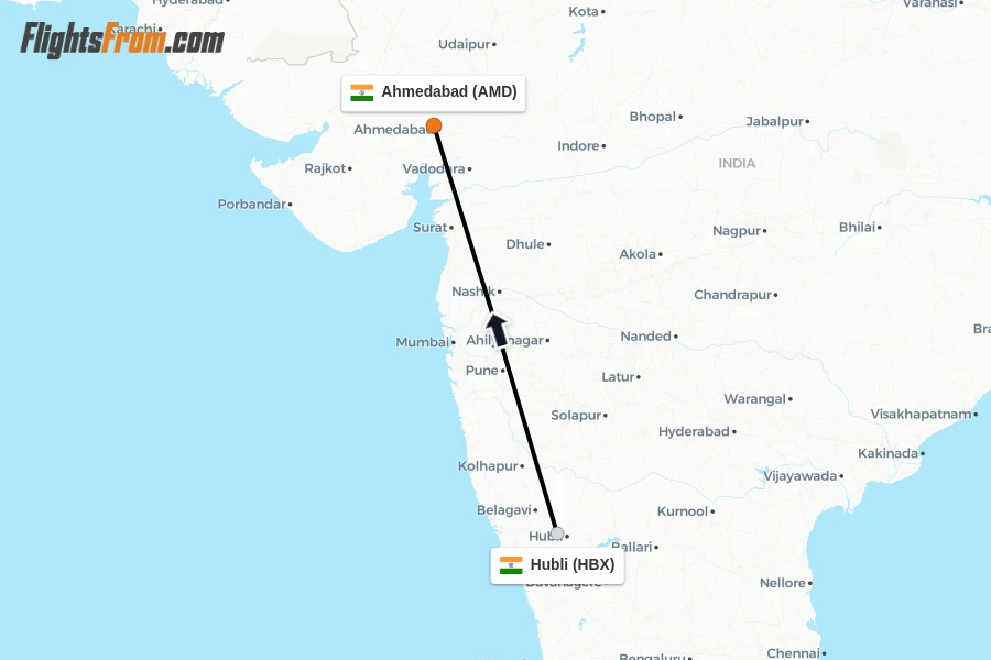 Flights from Hubli to Ahmedabad route map