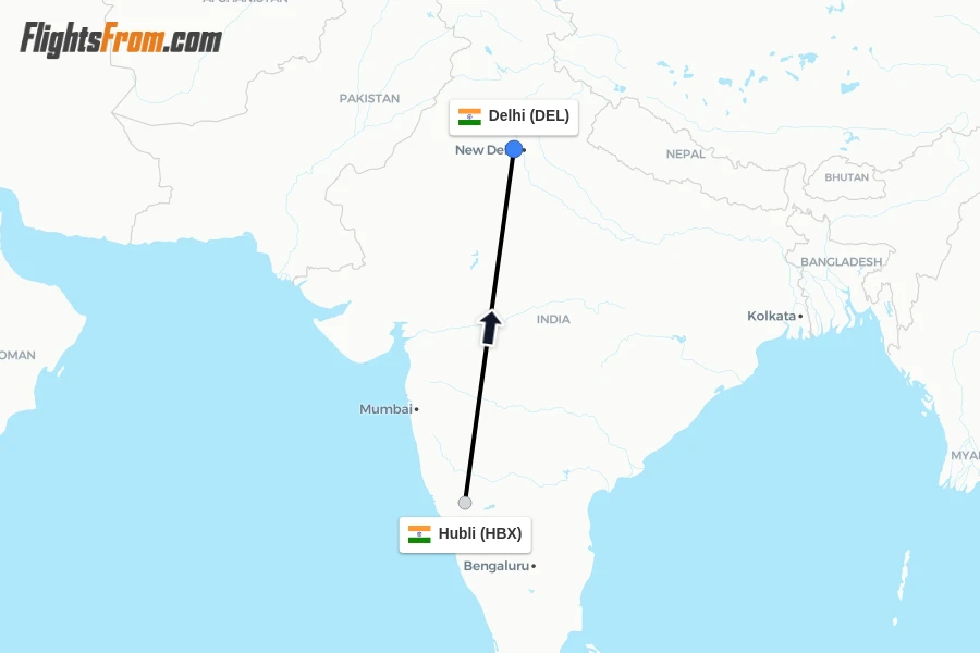 Flights from Hubli to Delhi route map