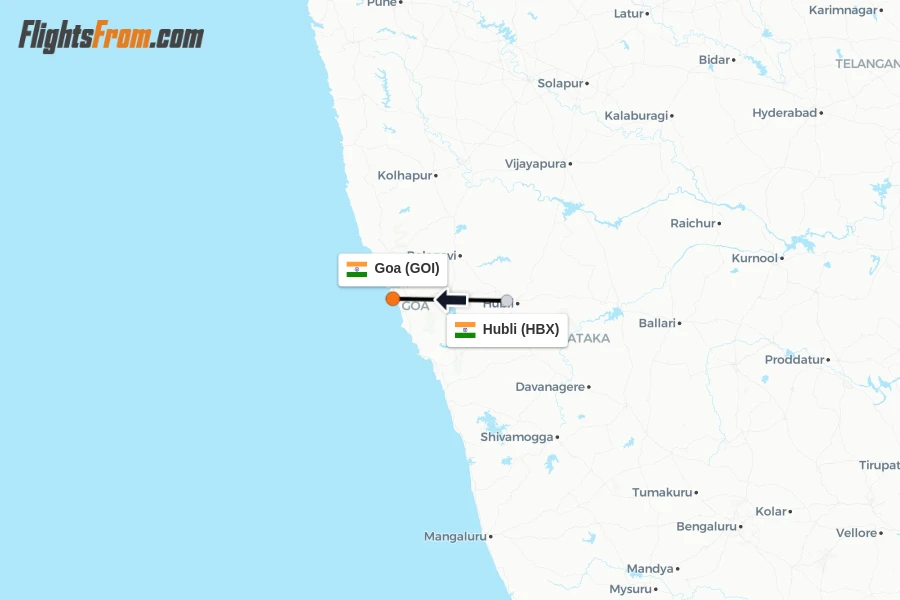 Flights from Hubli to Goa route map