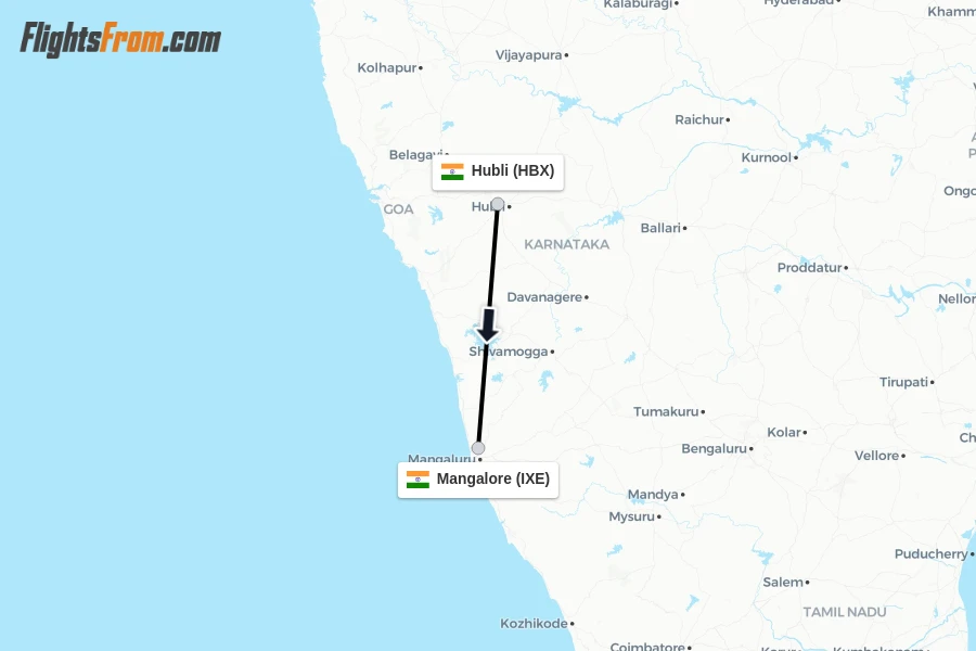 Flights from Hubli to Mangalore route map
