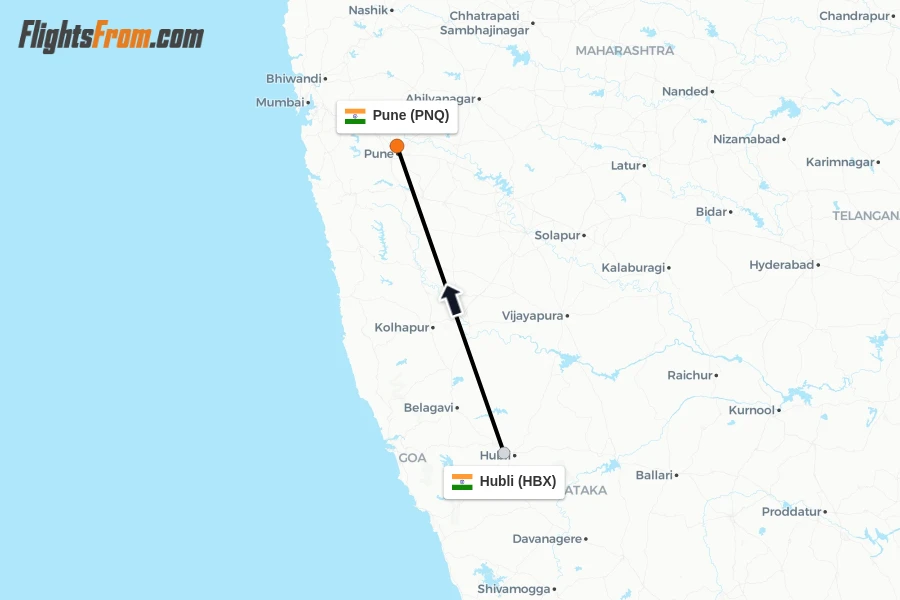 Flights from Hubli to Pune route map
