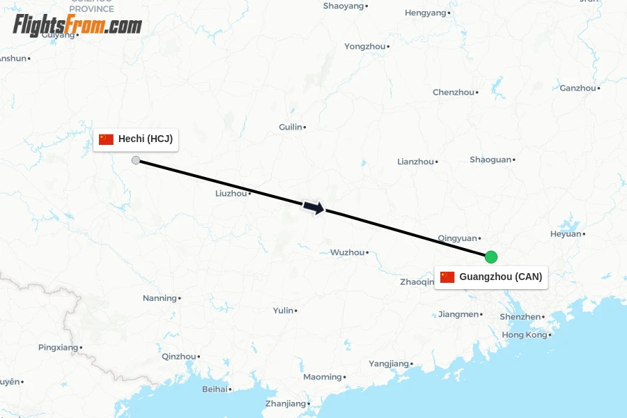 Flights from Hechi to Guangzhou route map