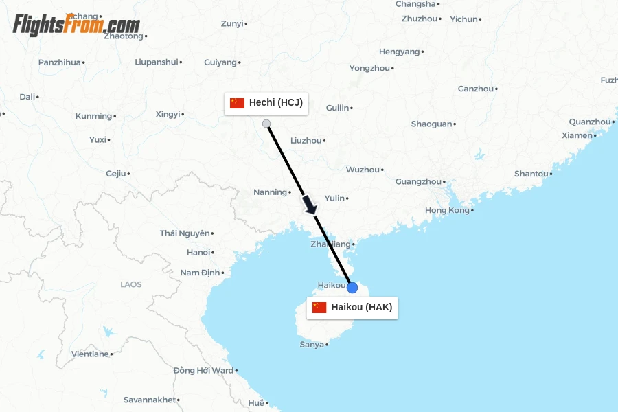 Flights from Hechi to Haikou route map
