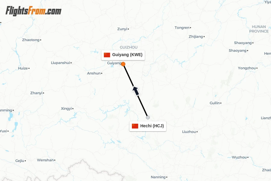 Flights from Hechi to Guiyang route map