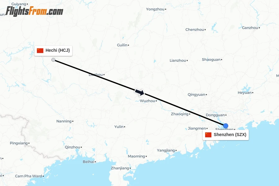 Flights from Hechi to Shenzhen route map
