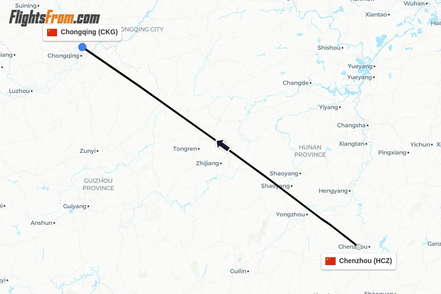 Flights from Chenzhou to Chongqing route map