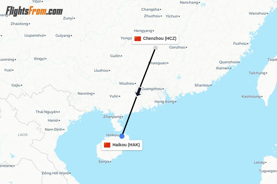 Flights from Chenzhou to Haikou route map