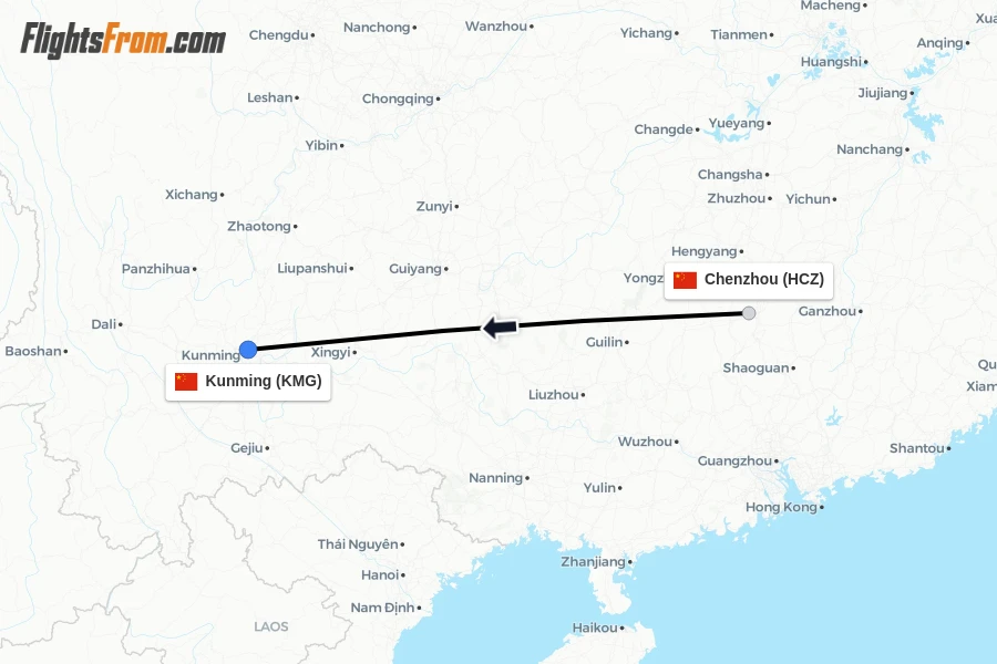 Flights from Chenzhou to Kunming route map