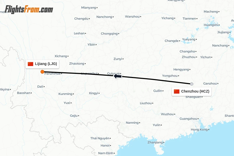 Flights from Chenzhou to Lijiang route map