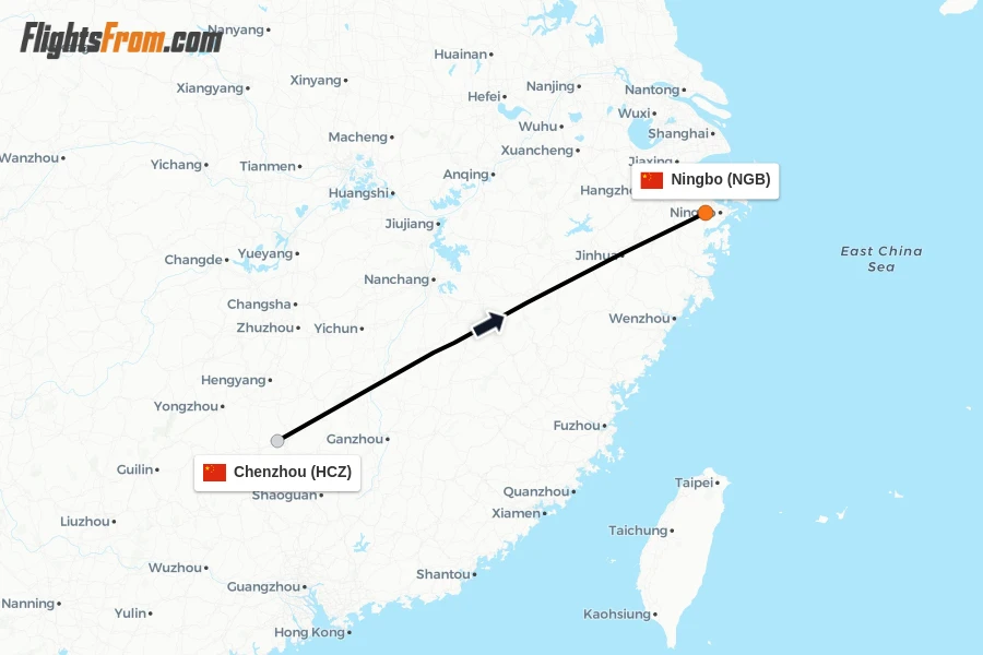 Flights from Chenzhou to Ningbo route map