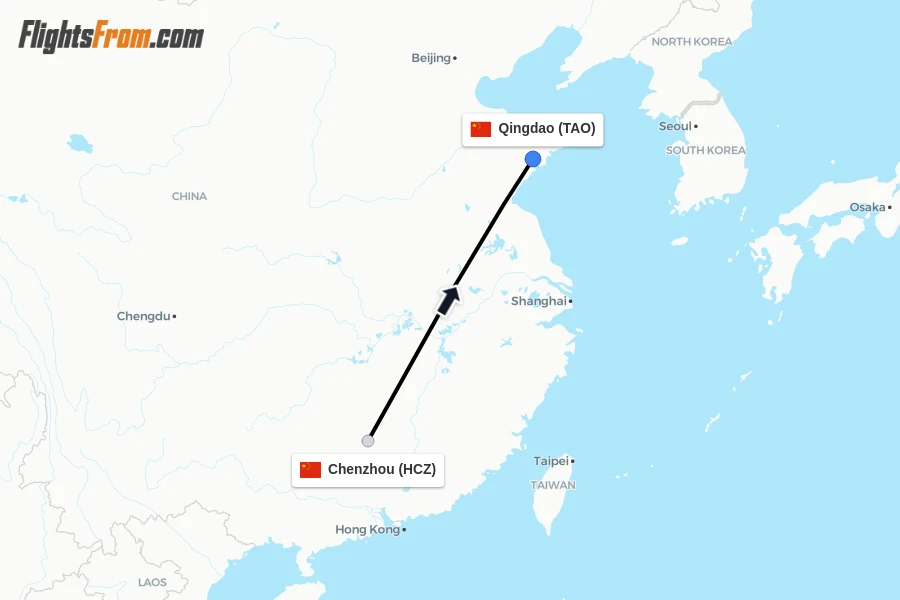 Flights from Chenzhou to Qingdao route map
