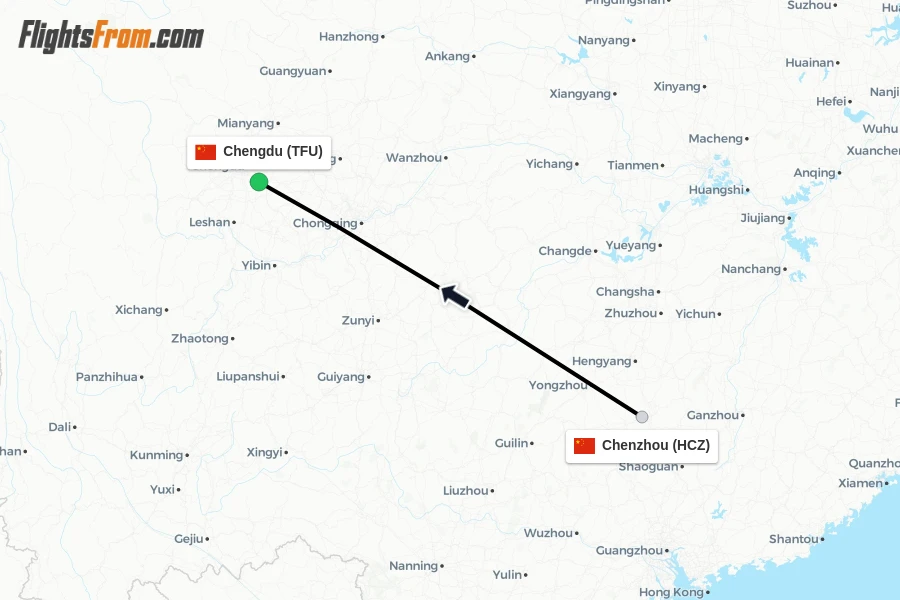 Flights from Chenzhou to Chengdu route map