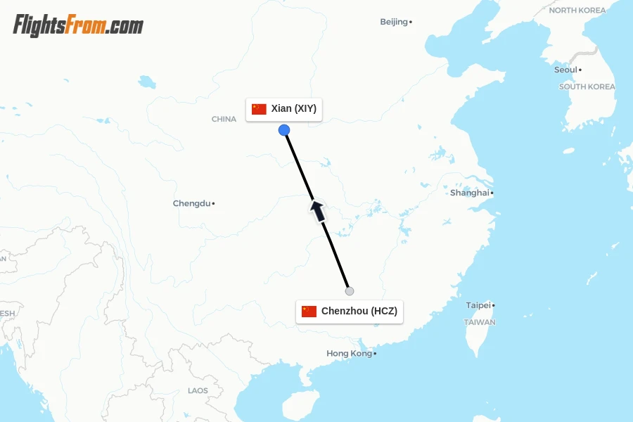 Flights from Chenzhou to Xian route map