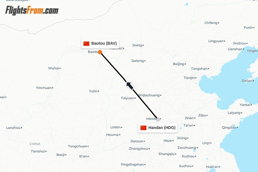 Flights from Handan to Baotou route map