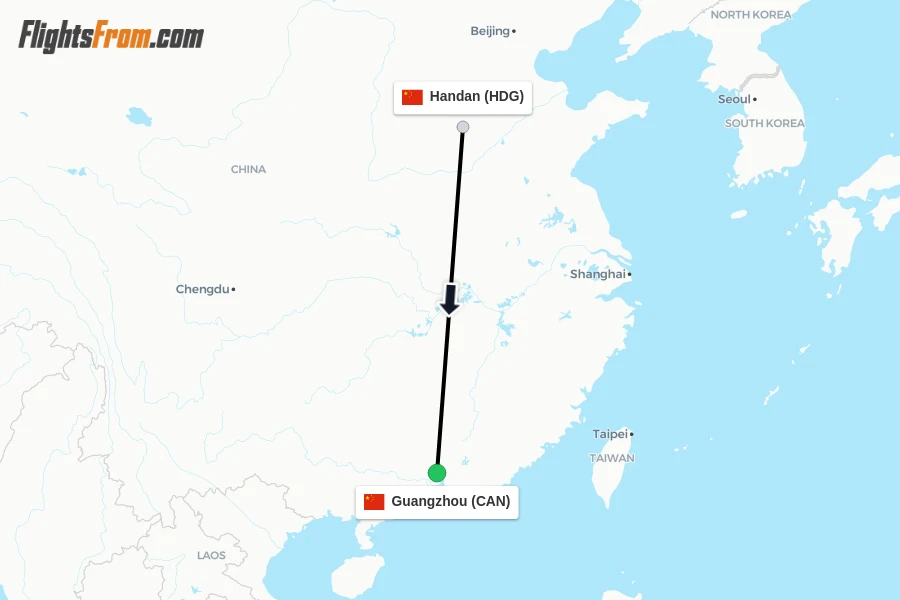 Flights from Handan to Guangzhou route map