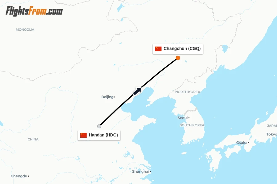 Flights from Handan to Changchun route map